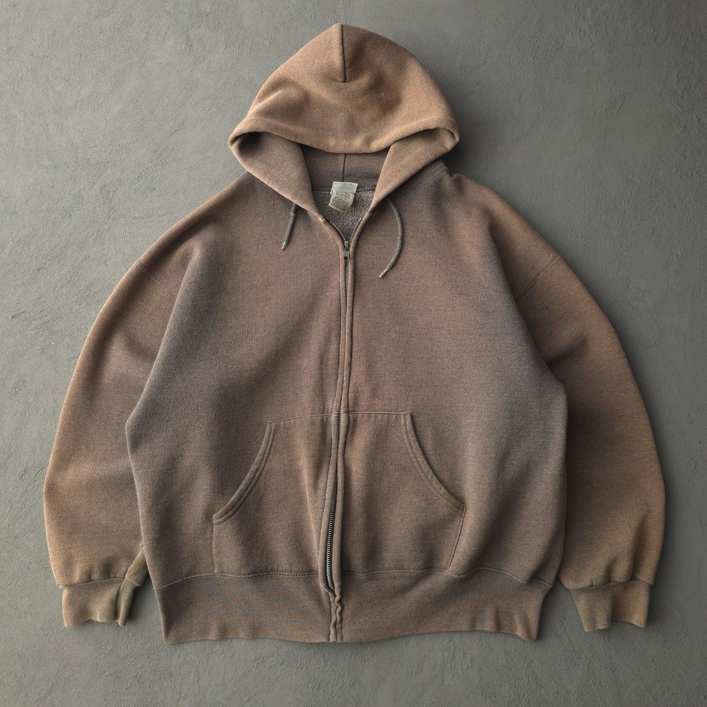 Vintage 90s Sport Brown Full Zip Hoodie XL Sun Faded Blank